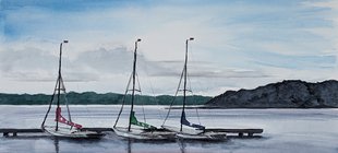 Ausstellungseröffnung von 3 Künstlerinnen aus Aumühle Aquarell mit 3 Segelbotten am Kai liegend