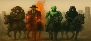 KI-generiertes Bild, in dem Überbevölkerung, Klimawandel, KI und Dark Tech als apokalyptische Reiter dargestellt sind.