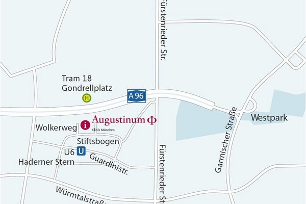 Anfahrtsbeschreibung Ausschnitt aus einem Stadtplan mit der Umgebung der Augustinum Klinik