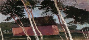 Bild von Worpswede, Vordergrund: Bäume im Wind, Hintergrund: ein rotes Haus Bäume im Wind und ein Haus