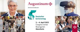 Augustinum Seniorenresidenzen Seniorentag 2025 Eine Collage, auf der Porträtaufnahmen von Senior*innen, Einblicke vom Deutschen Seniorentag - wie klatschende Senior*innen und die Menschenmenge an den Ständen - und Eckdaten zu Ort und Zeit des 14. Deutschen Seniorentags zu sehen sind