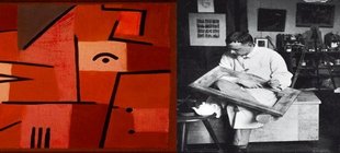 links der Ausschnitt eines Gemäldes von Paul Klee, rechts ein historisches Foto vom Künstler bei der Arbeit ein Künstler und sein Gemälde