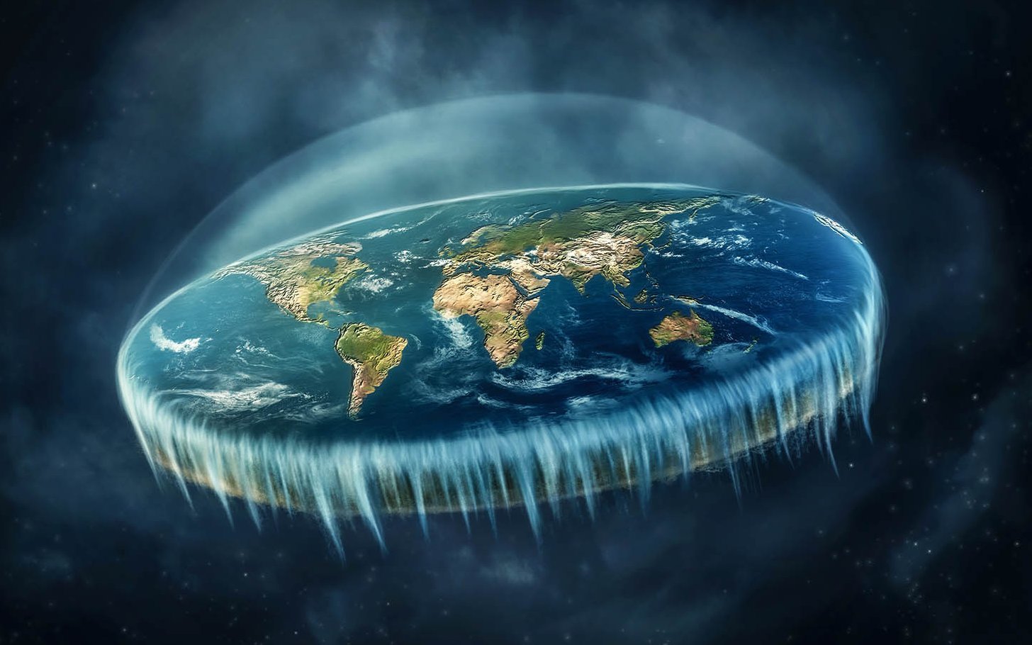 Illustration der Scheibenerde, die durch den Weltraum fliegt