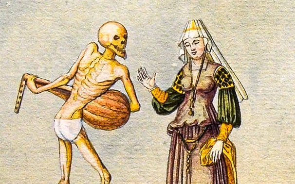 Tod und Bürgersfrau, Ausschnitt aus einer Aquarellkopie des Basler Totentanzes