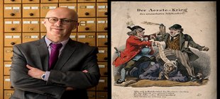 Portrait Prof. Robert Jütte und historische Karikatur über Ärztekrieg