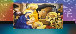 Es wird ein Engel Dir gesandt Historisches Gemälde der Anbetung des Jesuskindes mit Maria, weiteren Figuren und einem Ochsen vor farbig gestaltetem Hintergrund.