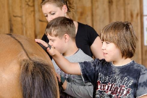 Augustinum Reittherapie Kinder striegeln ein Pferd bei der Reittherapie