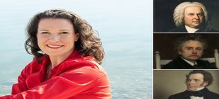 Portraits von Henriette Gärtner und den Komponisten Bach, Grieg und Schubert