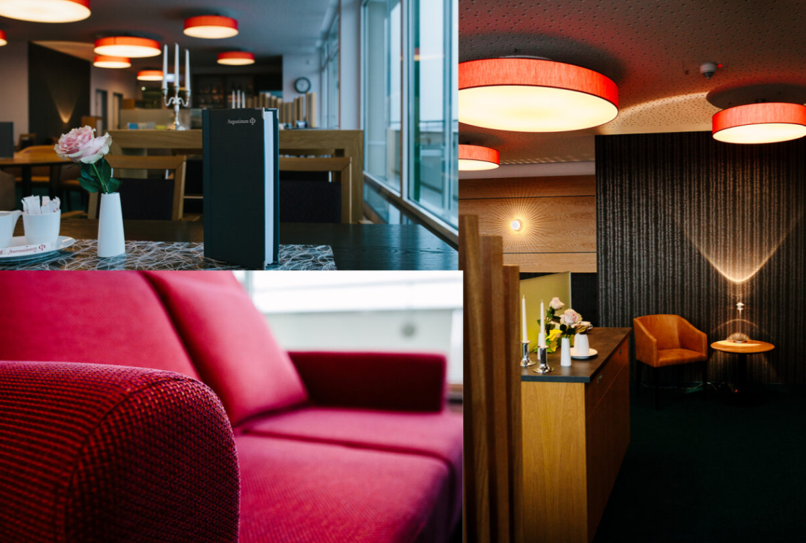 Kollage aus drei Bildern, Sofa, Tisch im Restaurant und Sessel an einer Wand