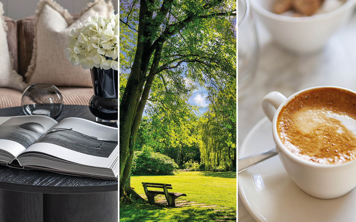 Wohnzimmer, Garten und Espresso in drei Bildern nebeneinander