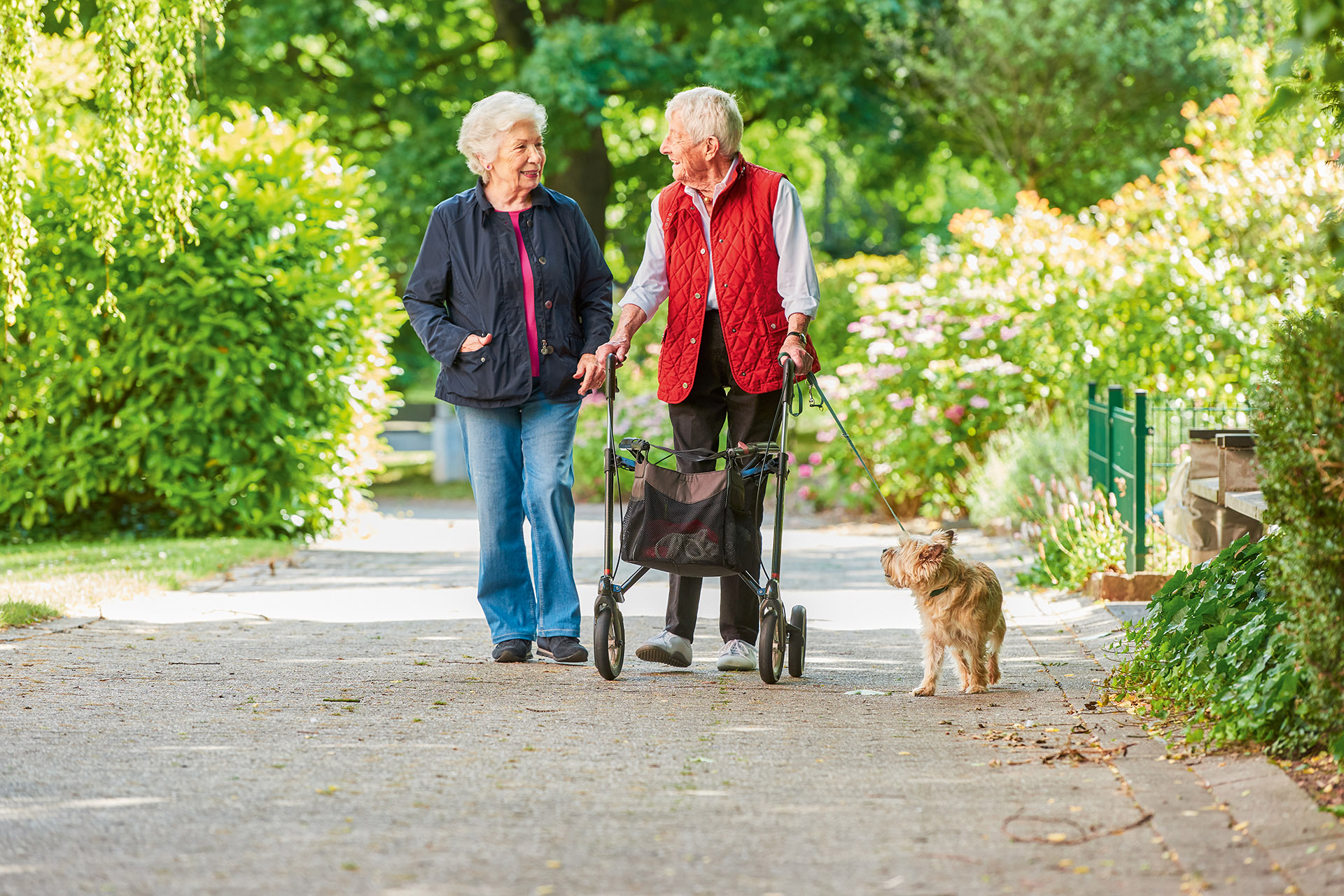 Augustinum Seniorenresidenz Bonn Spaziergang Ein Seniorenpaar und ein kleiner Hund bei einem Spaziergang im Freien