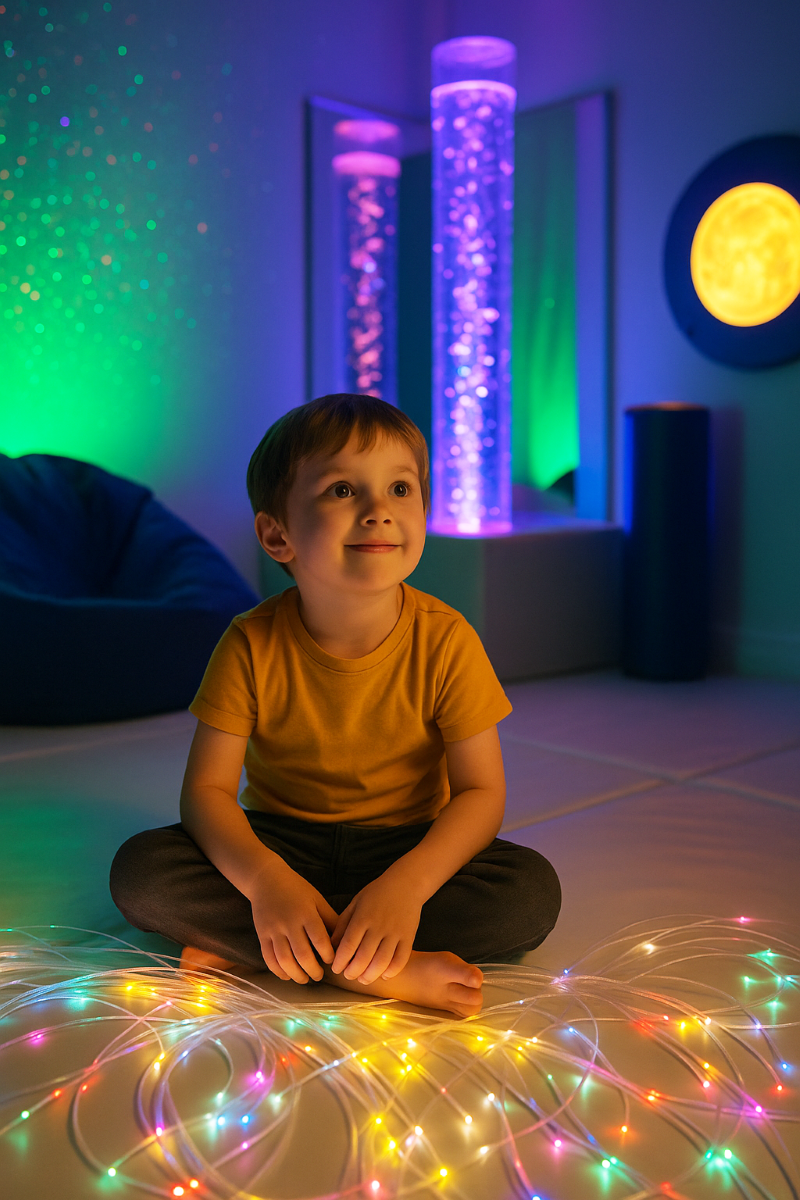 Kleiner Junge sitzt in dunklem Raum mit Lichtsäulen und bunten Lichtern