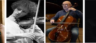 Orient-Express Eine Frau mit langen dunklen Haaren und Klarinette, ein lockiger Mann mit Violine, ein glatzköpfiger Herr mit Cello und ein Herr mit grau meliertem Haar.