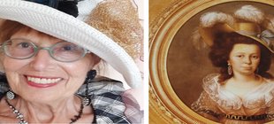 Herzallerliebstes Franzele! Engelsfranzele, du Engel aller Engel Links Jutta Menzel mit auffälligem Hut und Schmuck, rechts Franziska von Hohenheim als klassisches, historisches Porträt im goldenen Rahmen.