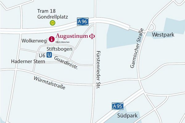 Anfahrtsbeschreibung Ausschnitt aus einem Stadtplan mit der Umgebung der Augustinum Klinik