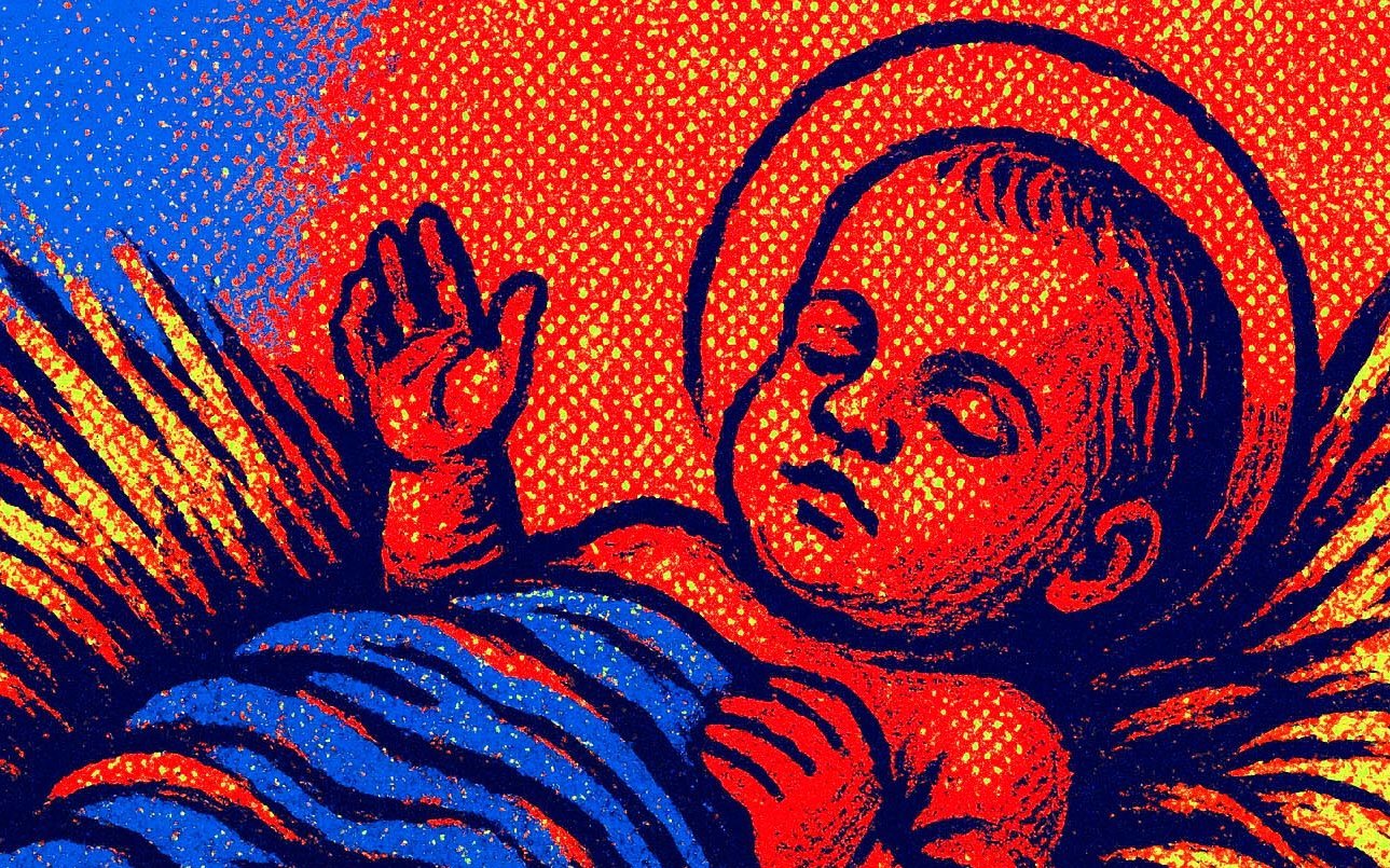 Jesus in der Krippe, farbiger Siebdruck