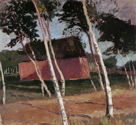 Bild von Worpswede, Vordergrund: Bäume im Wind, Hintergrund: ein rotes Haus Bäume im Wind und ein Haus