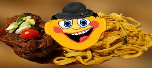 Oifach schwäbisch Nahaufnahme von schwäbischem Essen mit einem lächelnden Smiley, welches einen Schützenhut trägt.