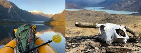 Aufblasbares Boot auf einem Fluss & ausgeblichener Rinderschädel in der Pampa