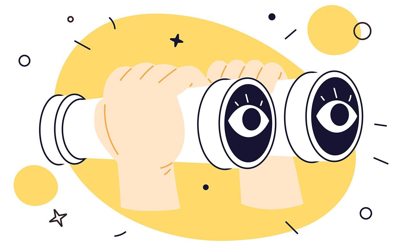 Illustration; Hände halten Fernglas; Augen auf den Gläsern abgebildet