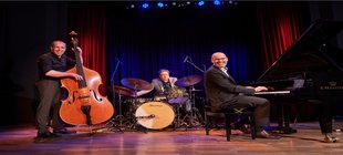 3 Musiker mit Kontrabass, Schlagzeug und Flügel