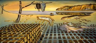 Salvador Dalí und die Inszenierung eines Genies Ein Gemälde von Salvador Dali, welches eine surrealistische Küstenlandschaft mit verlaufenden Uhren abbildet