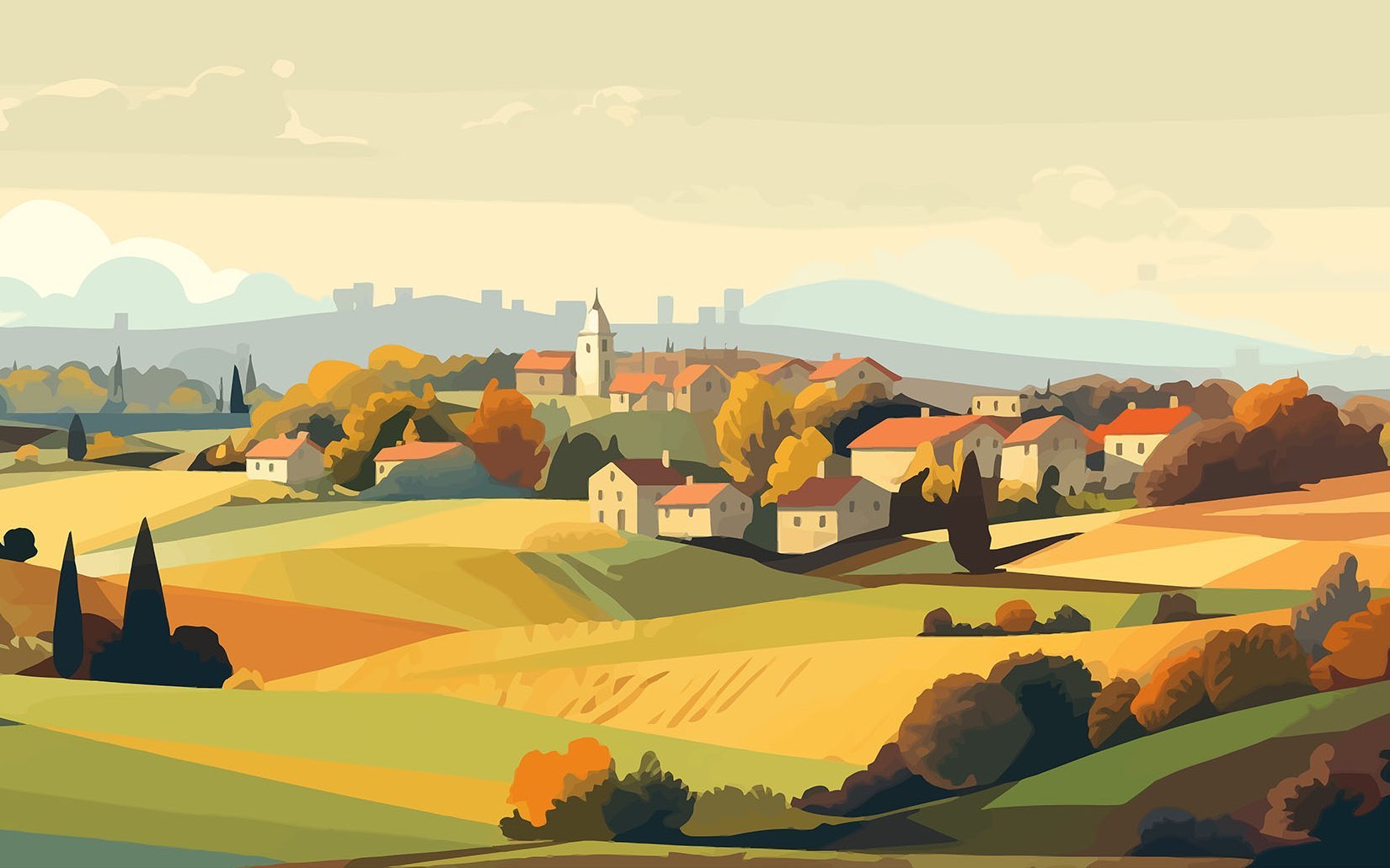 idyllische dörfliche Landschaft eingebettet in sanfte Hänge