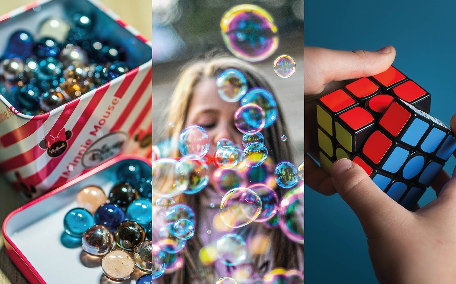 Murmeln, Seifenblasen, Rubik-Würfel