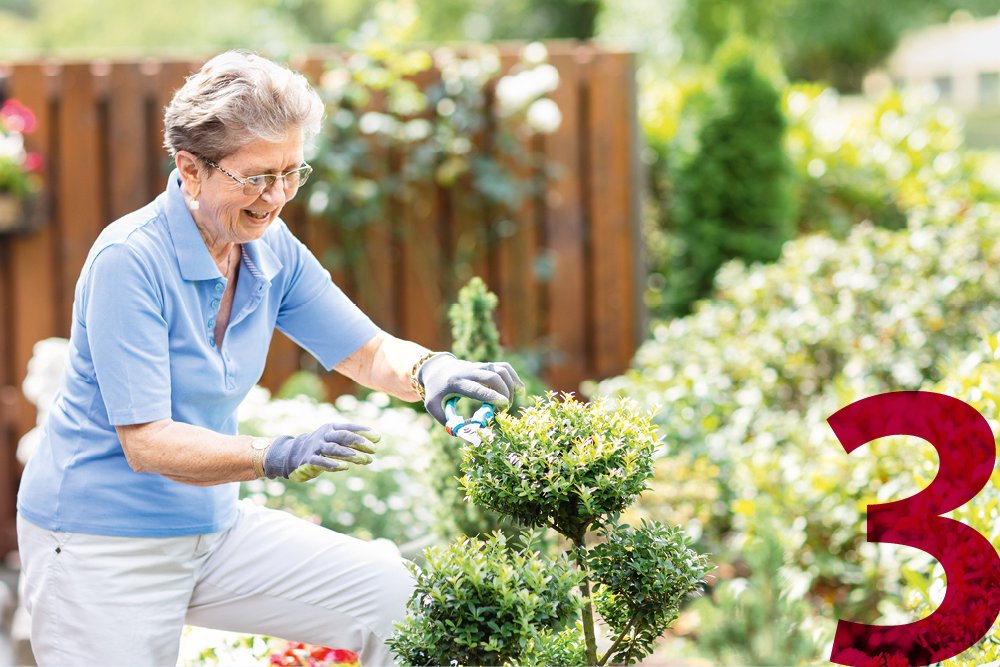 In den Augustinum Seniorenresidenzen leben Sie in einer herzlichen Gemeinschaft aus Bewohner*innen und Mitarbeiter*innen Ältere Dame bei der Gartenarbeit