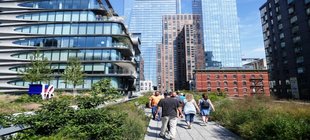 Mehr als Wolkenkratzer Menschen spazieren auf einem begrünten Fußweg zwischen modernen Hochhäusern und historischen Backsteingebäuden in im dicht bebauten New York.