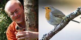 Uwe Westphal mit einem Vögelchen auf dem Finger / Rotkehlchen auf einem Ast