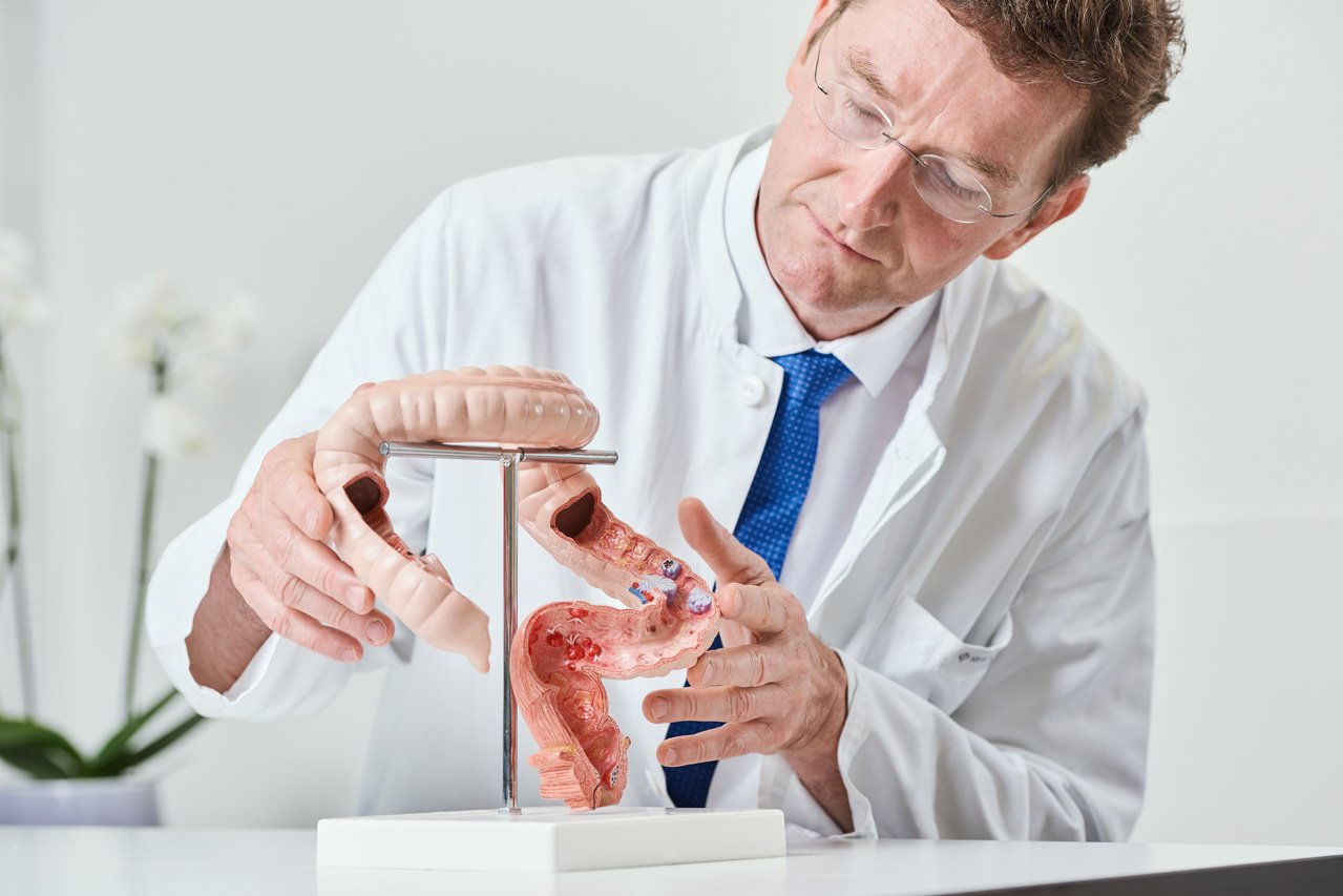 Beratung am Modell eines Dickdarms Ein Arzt im weißen Kittel sitzt hinter dem Modell eines Dickdarms, das er ansieht und an das er beide Hände legt.