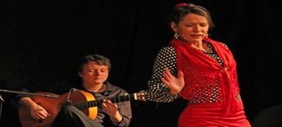 Flamenco del Sur Im Vordergrund eine tanzende Frau in Hintergrund ein Mann mit Gitarre