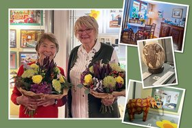 Fotocollage mit Porträts zweier Bewohnerinnen mit Blumenstrauß und kleineren Aufnahmen von Appartementeinrichtungen