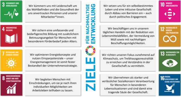 Die acht Kategorien aus den nachhaltigen Entwicklungszielen, denen sich das Augustinum verschreibt, lauten: Gesundheit und Wohlergehen; hochwertige Bildung; bezahlbare und saubere Energie; menschenwürdige Arbeit und Wirtschaftswachstum; weniger Ungleichheiten; nachhaltiger Konsum und Produktion; Maßnahmen zum Klimaschutz; Frieden, Gerechtigkeit und starke Institutionen.