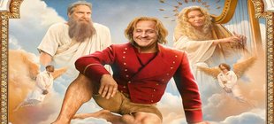 Lachender Mann auf Wolke zwischen Engeln Lachender Mann auf Wolke zwischen Engeln