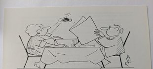 Konflikte sind das Salz in der Suppe des Lebens Eine Karikatur eines speisenden Paares, in welcher die Frau dem Mann Salz in das Essen streut.