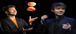 UNMÖGLICH Ein lächelnder Jongleur wirft ein Diabolo hoch, neben ihm ein lächelnder Zauberkünstler